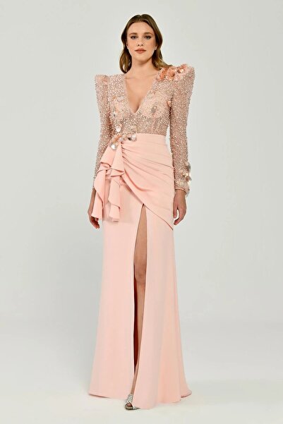 ALFABETA Uzun Kollu Derin V Yaka Önden Yırtmaçlı Uzun Elbise