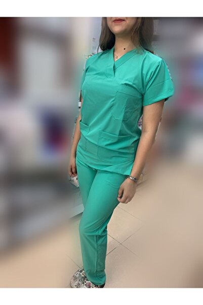 kardent Yeşil Likralı Unisex Yarasa Kol Hemşire Diş Hekim Doktor Forması Takı...