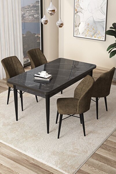 Canisa Arp Serisi 70x110 Sabit Mutfak Masası Takımı Siyah Mermer Desen Masa 4...
