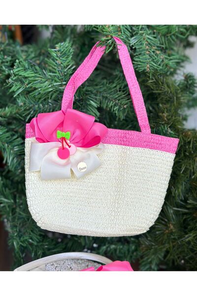 QUEEN AKSESUAR Set pentru copii fucsia și alb - design special, geantă de paie de lux, coroană cu cireșe și figurine cu fructe