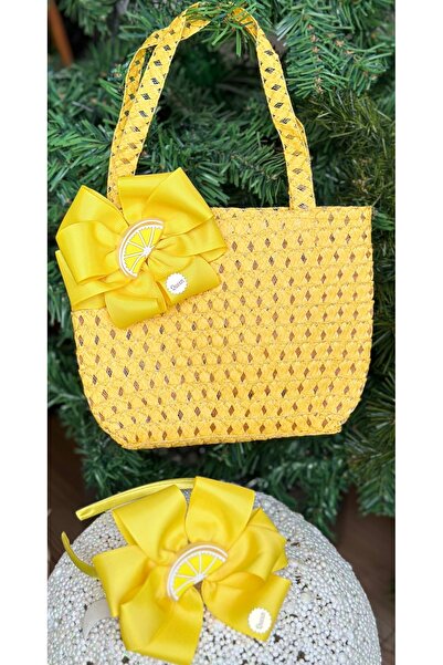 QUEEN AKSESUAR Luxury Straw Bag - Special Design, Bow Detail, Crown Lemon Fruit Figure, Yellow Children's Set