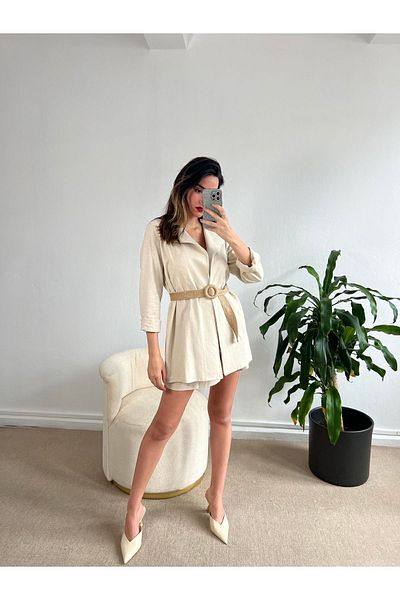 minaaise Μπουφάν λινό - Natur Unlined and Straw Belt 25225