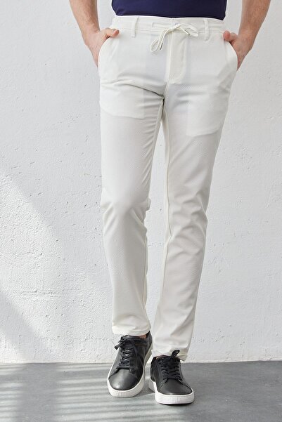 RAVANELLI Erkek Beyaz Beli Lastikli Bağcıklı Düz Gofre Dokuma Likralı Esnek Modern Slim Fit Jogger Pantolon
