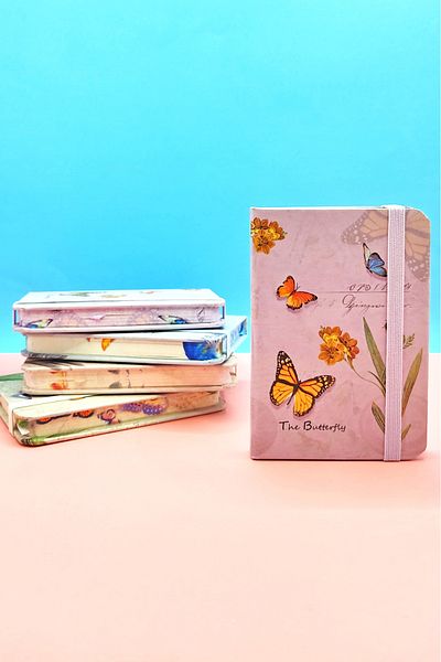 Limmy Purple Butterfly Patterned A7 Notebook - Elastic Pocket