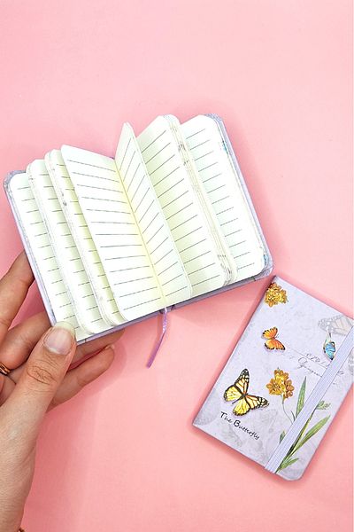 Limmy Purple Butterfly Patterned A7 Notebook - Elastic Pocket