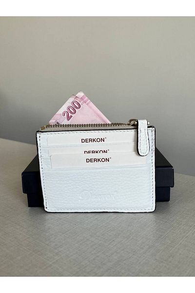 DERKON White Genuine Leather - Zippered Coin Purse, Women's and Men's City Model