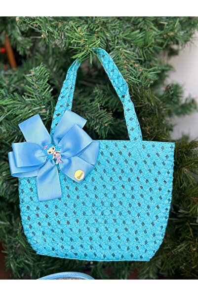 QUEEN AKSESUAR Geantă de paie de lux - Set albastru pentru copii cu design special, drăguț, detaliu fundă și figurină sirenă coroană