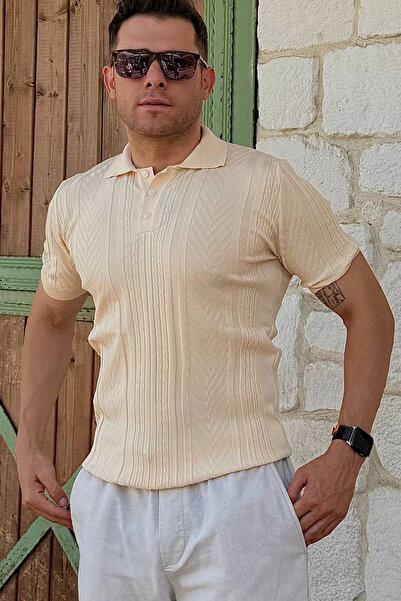 Black Sokak Πλεκτό μπλουζάκι σε μπεζ λεπτή εφαρμογή - Πόλο λαιμόκοψη και στάμπα