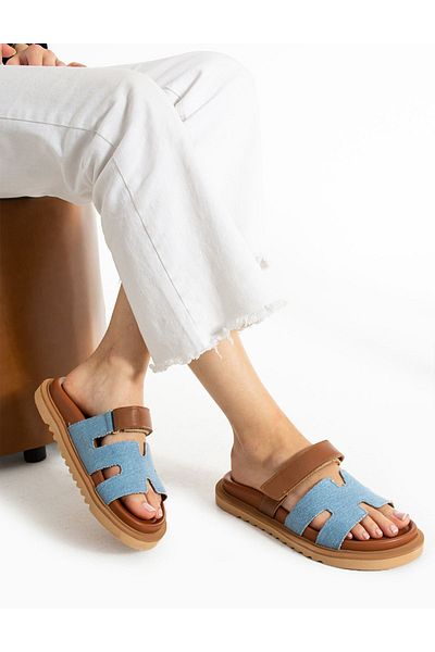 trendyhit Beca Women's Slippers - Genuine Leather, Flat Sole, Tan Color
