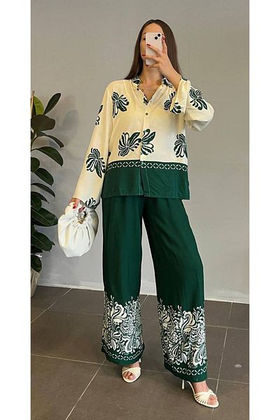 Julidress Green Patterned Julidress Shirt and Elastic Pants Set