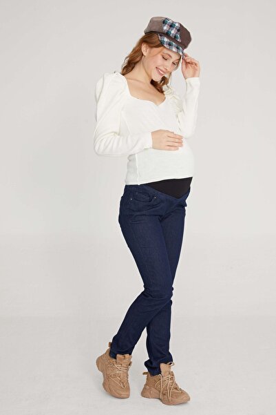 VAVIEN Hamile Jean Likralı Denim Pantolon Slim Fit Koyu Mavi 1023