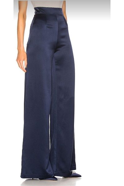 by serkan design Women's Navy Blue Wide Leg Satin Trousers