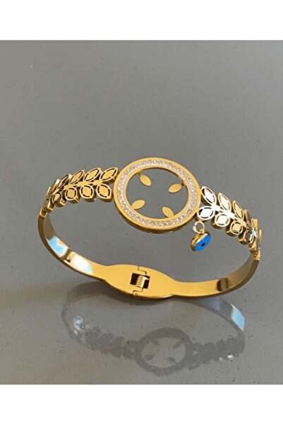 EMKSHOP Kadın 316 L Çelik Çeyrek Altın Koyulan Yaprak Desenli Kelepçe Bileklik