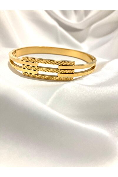 solaris design Çelik Altın Rengi Desenli Kaburga Kelepçe Bileklik Bilezik