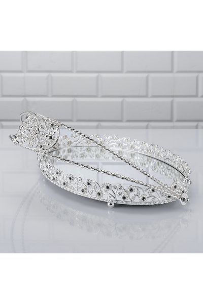 Hinora Diamond Stone Oval Twisted Mirror Basket Δίσκος Stone Presentation Δίσκος σοκολάτας Μεταλλικό Jardinyer Silver