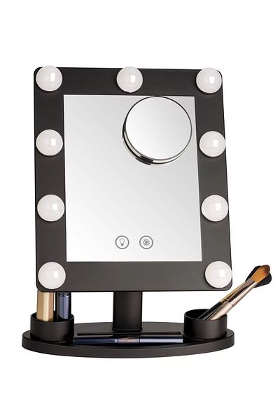 LAND OF MYTH Lom2092 - Mini Hollywood Style 9 Led Bulb, 2 Color Lighted Makeup Mirror, Touch Sensor - Black