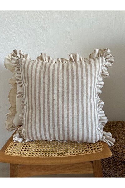 shules collection كتان بيج مخطط - غطاء وسادة بوهيمي مكشكش