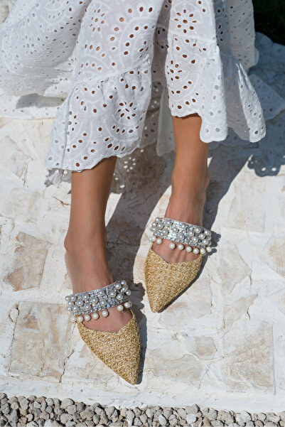 NİŞANTAŞI SHOES Beige Fomax Straw Women's Heeled Slippers - Pearl Detailed