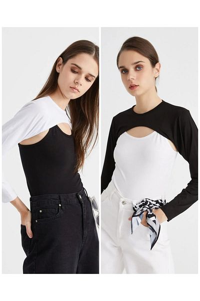Alpentracht Tr Μαύρο και άσπρο Crop Top - O-Neck, Tesettur, Λαιμόκοψη, Crew Neck, Σετ 2 τεμαχίων