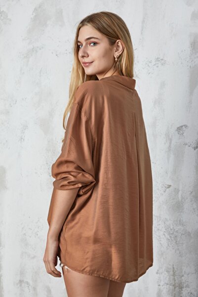 minaaise Πουκάμισο Brown Tree Bark Fabric Oversize με τσέπες 23483