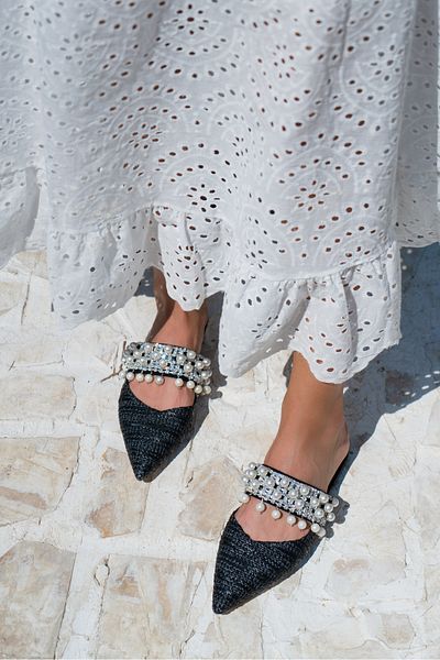 NİŞANTAŞI SHOES Γυναικείες παντόφλες με τακούνι Fomax Black Straw Pearl Detail