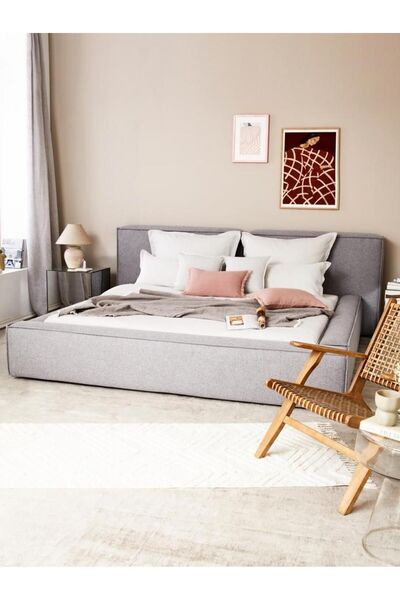 Mobilya Depom Mode Soft 160x200 Cm. Döşemeli 2 Kişilik Baza Başlık Set Gri Keten (DAİRENİZE TESLİM KURULUM DAHİL)