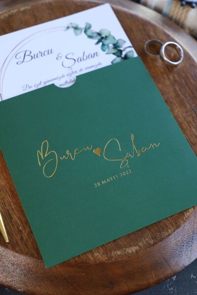 Pixel Davetiye 100 Adet Davetiye Yeşil - Düğün Davetiye Altın Yaldızlı - Düğü...