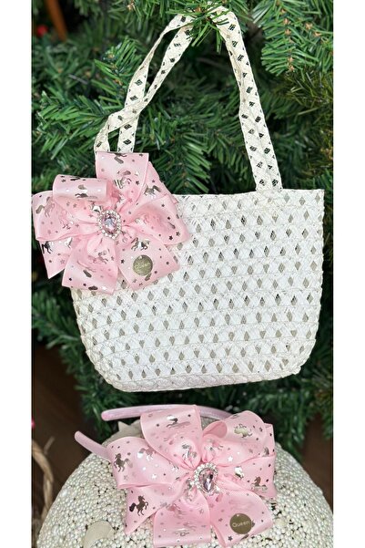 QUEEN AKSESUAR Pink Unicorn Patterned Luxury Straw Bag - Jewelled Bow, Shiny Silver Crown, Children's Set
