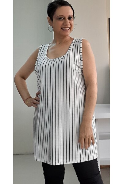 Mertcan Butik Thick Strap White Black Striped Viscose T-Shirt