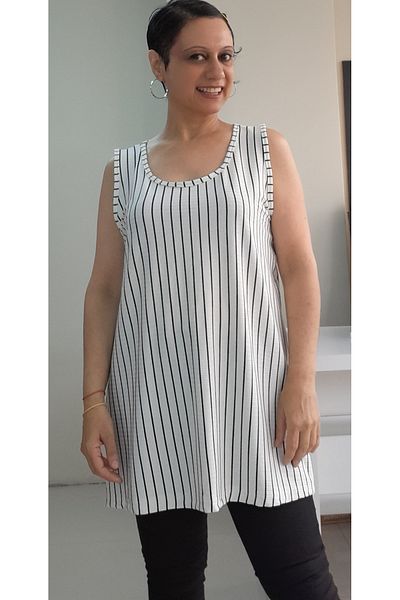 Mertcan Butik Thick Strap White Black Striped Viscose T-Shirt