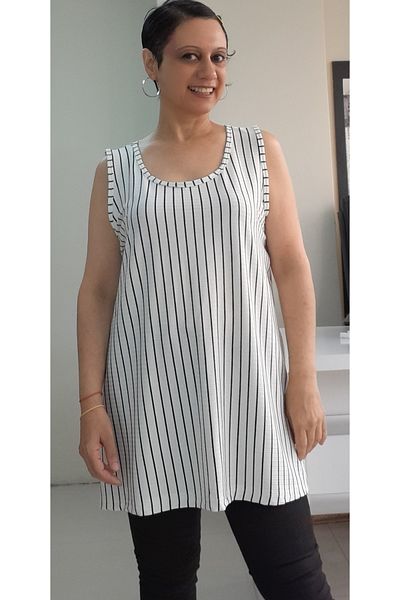 Mertcan Butik Thick Strap White Black Striped Viscose T-Shirt