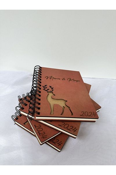 esamore concept Deer Themed Wooden Cover - Spiral Checked Agenda Notebook, for Father's Day
