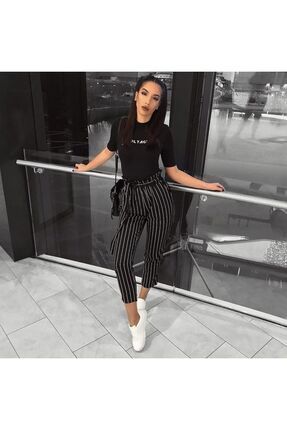 FASHION COCKTAIL Cizgili Kemerli Bel F rf rl Mevsimlik Kuma K sa Dar Paca Kad n Pantolon Siyah Fiyat Yorumlar Trendyol
