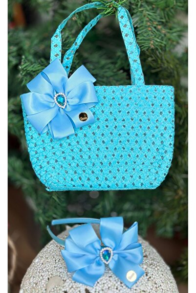 QUEEN AKSESUAR Set de lux albastru pentru copii - design special, geantă de paie cu fundă și detaliu din piatră de cristal coroană