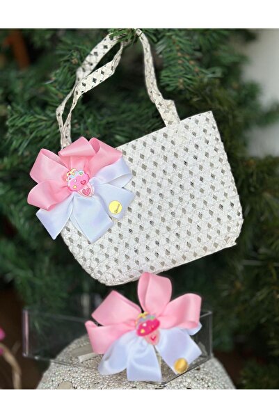 QUEEN AKSESUAR Розкішна плетена сумка - спеціальний дизайн, з бантиком, прикрашена короною та серцем, рожево-білий дитячий комплект