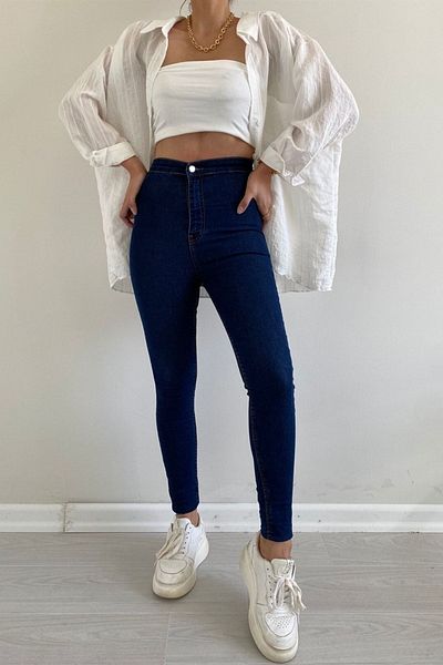 Harmony Dark Blue High Waist Skinny Fit Jeans Lycra Front Pocketless Leggings Pants