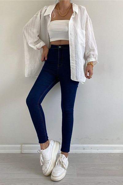 Harmony Dark Blue High Waist Skinny Fit Jeans Lycra Front Pocketless Leggings Pants