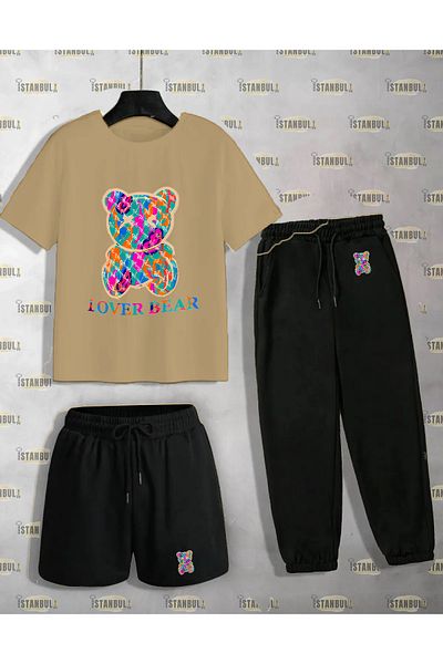 aynewmoda Colorful Lover Bear Printed T-Shirt and Sweatpants Set