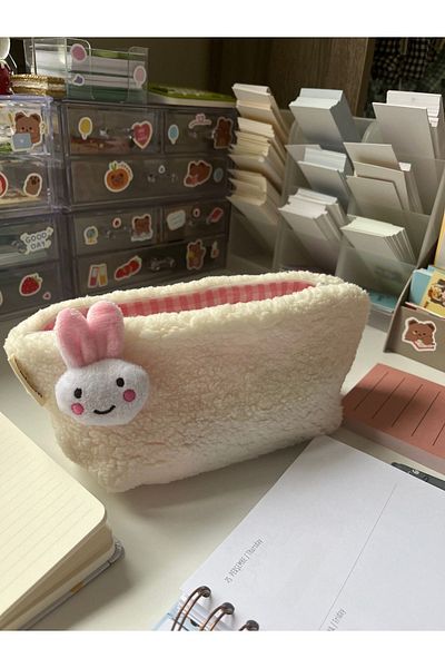 sumicorn Pink Rabbit Plush Washable Zippered Gingham Lined Cloth Pen Holder Pencil Case Makeup Bag