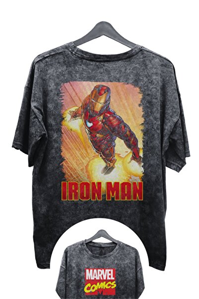 Fuddy Moda Unisex Iron Man Baskılı Yıkamalı Tişört, Oversize Marvel Comics Ba...