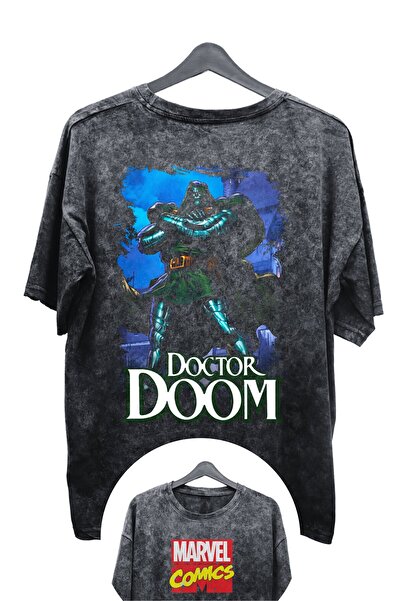 Fuddy Moda Unisex Doctor Doom Baskılı Yıkamalı Tişört, Oversize Marvel Comics...