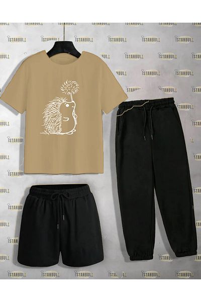 aynewmoda Hedgehog Printed Cute T-Shirt and Sweatpants Set