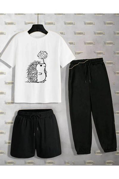 aynewmoda Hedgehog Printed Cute T-Shirt and Sweatpants Set
