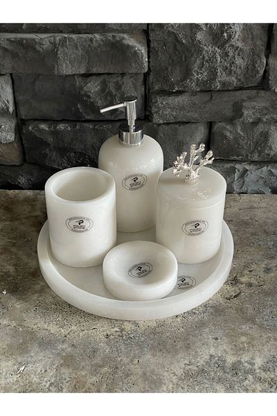 Polen Stone 5-Piece White Marble Bathroom Set with Coral Accessories