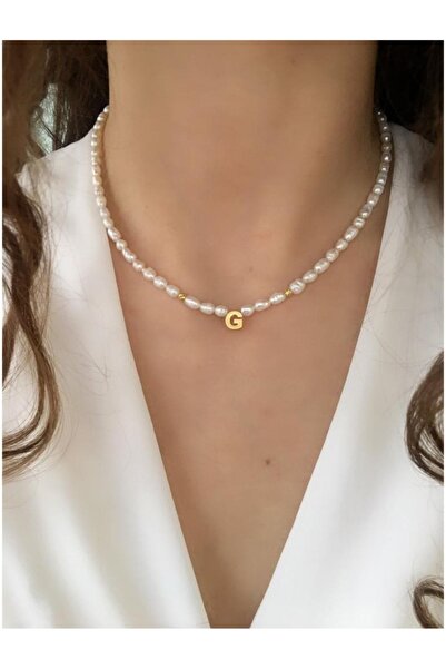 Serline Desing Kadın 925 Ayar Gümüş Patentli Gold Rengi Harfli Gerçek Arpa Inci Kolye