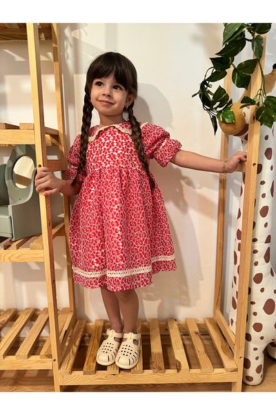 penu baby kids Red Flower Patterned Embroidery Cotton Girl's Dress