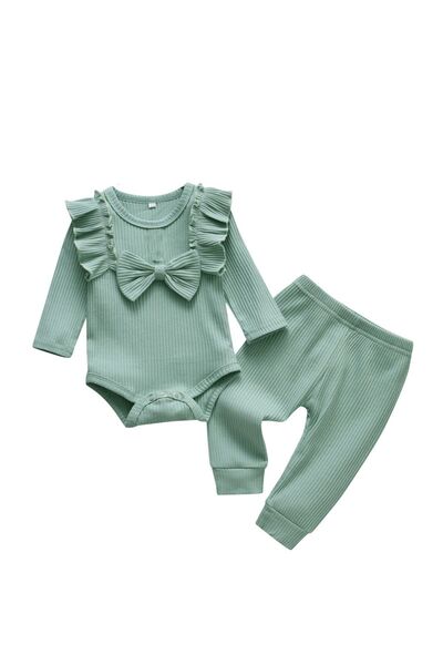 bebekpare Kız Çocuk Fitilli Alt Üst Kurdeleli Takım %100 Pamuk Mint