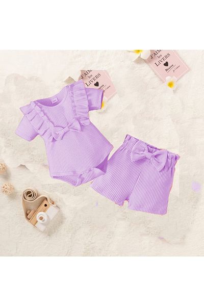 bebekpare Girl's Ribbed Ribbon Short Sleeve Suit 100% Cotton Lilac