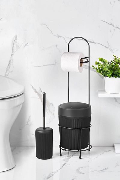 ORSA HOME Σετ χαρτοθήκης WC και βούρτσας τουαλέτας σε μαύρο στρογγυλό κουβά