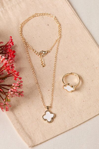 Elika Silver Women's Clover Model Necklace and Bracelet Set